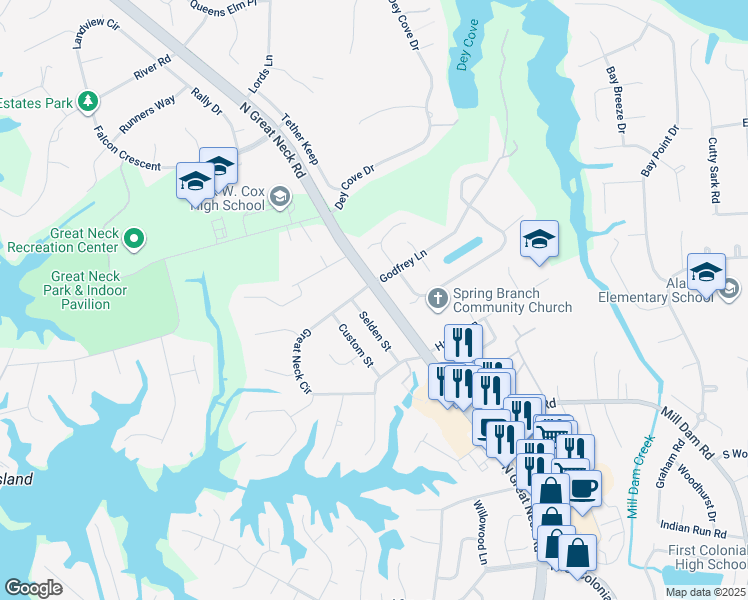 map of restaurants, bars, coffee shops, grocery stores, and more near 1537 North Great Neck Road in Virginia Beach
