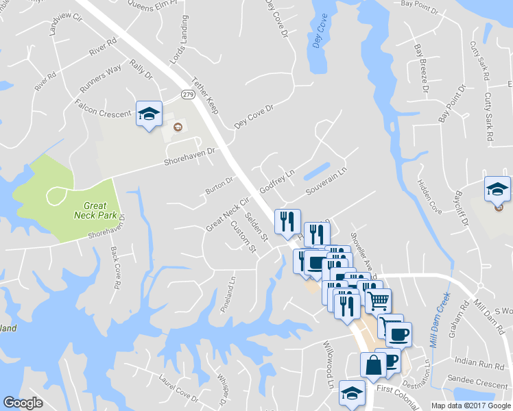 map of restaurants, bars, coffee shops, grocery stores, and more near 1537 North Great Neck Road in Virginia Beach