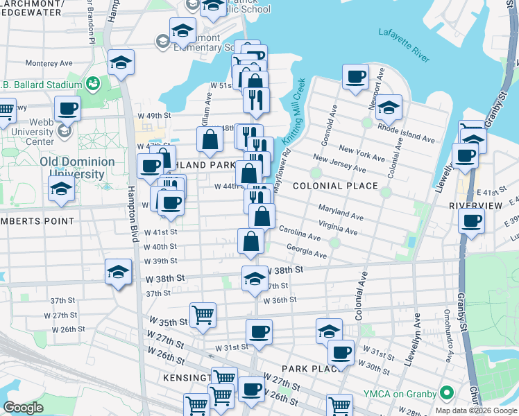 map of restaurants, bars, coffee shops, grocery stores, and more near 4210 Colley Avenue in Norfolk
