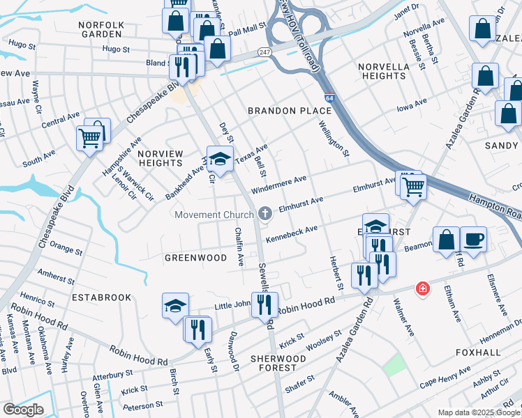 map of restaurants, bars, coffee shops, grocery stores, and more near 4828 Elmhurst Avenue in Norfolk