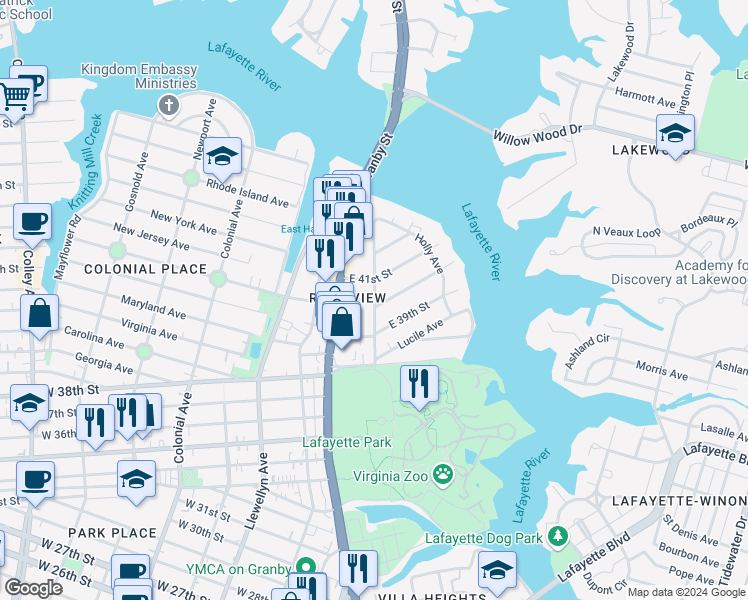 map of restaurants, bars, coffee shops, grocery stores, and more near 199 East 40th Street in Norfolk