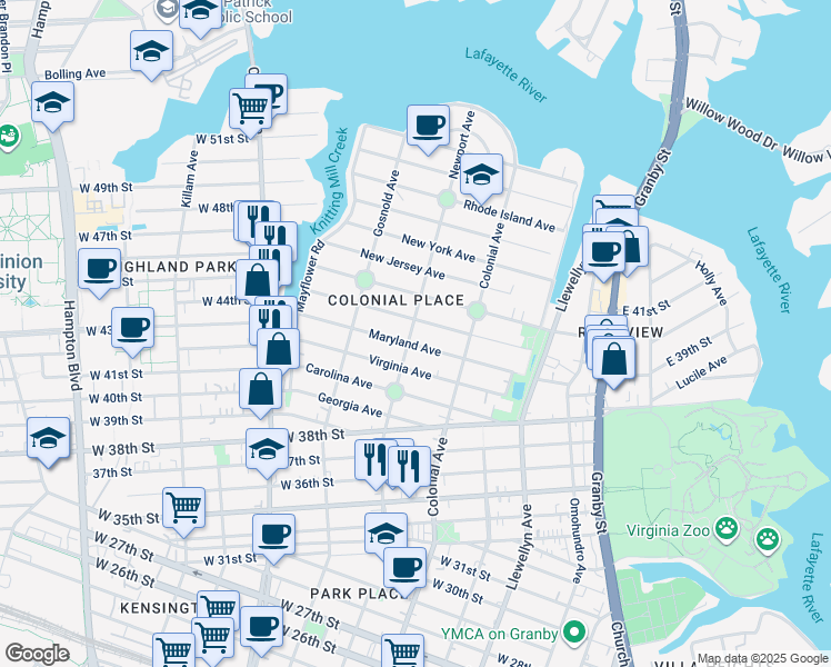 map of restaurants, bars, coffee shops, grocery stores, and more near 4306 Newport Avenue in Norfolk