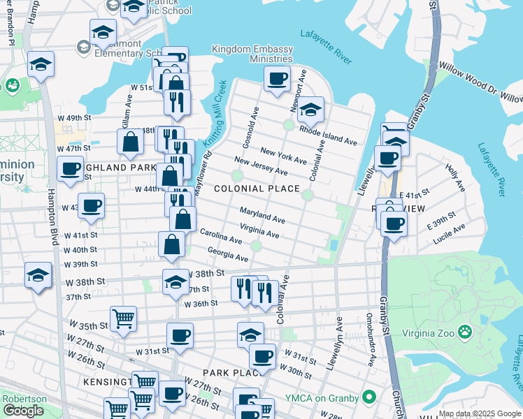 map of restaurants, bars, coffee shops, grocery stores, and more near 4305 Newport Avenue in Norfolk