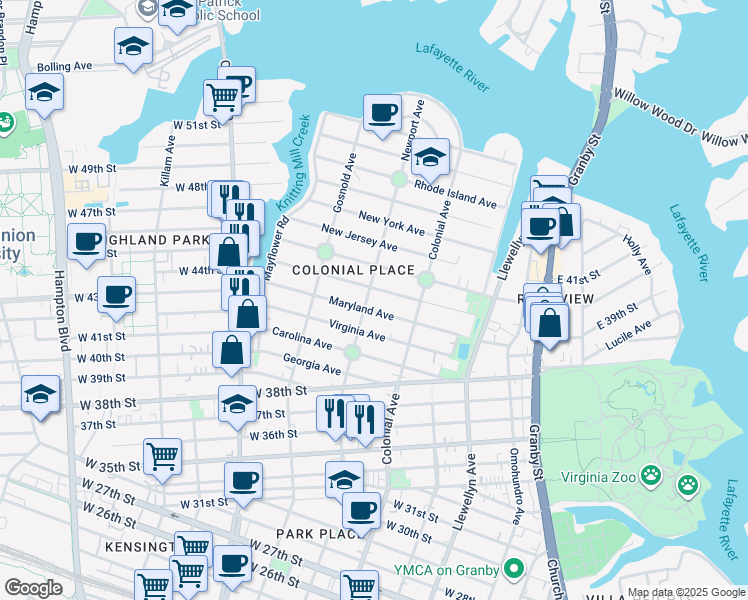 map of restaurants, bars, coffee shops, grocery stores, and more near 4306 Newport Avenue in Norfolk