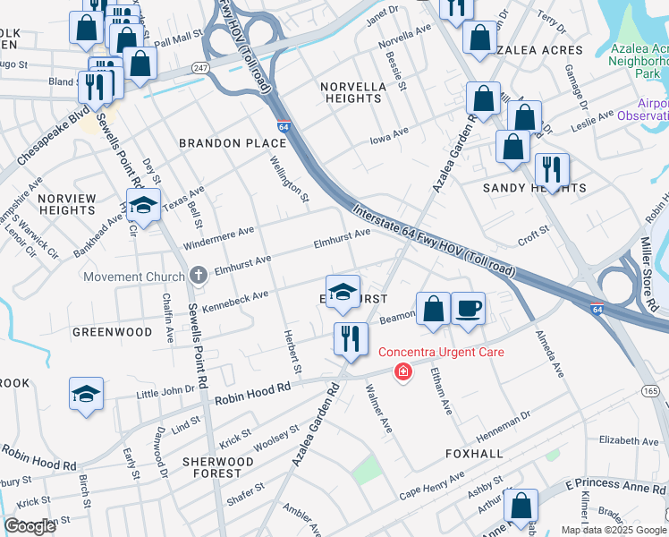 map of restaurants, bars, coffee shops, grocery stores, and more near 5162 Kennebeck Avenue in Norfolk