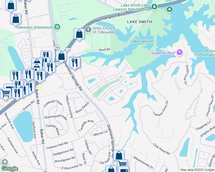 map of restaurants, bars, coffee shops, grocery stores, and more near 5544 Arboretum Avenue in Virginia Beach