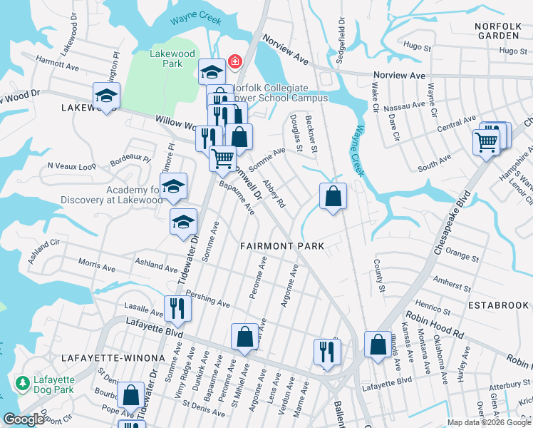 map of restaurants, bars, coffee shops, grocery stores, and more near 2206 Cromwell Drive in Norfolk