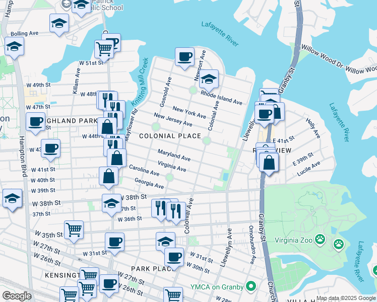 map of restaurants, bars, coffee shops, grocery stores, and more near 523 Pennsylvania Avenue in Norfolk