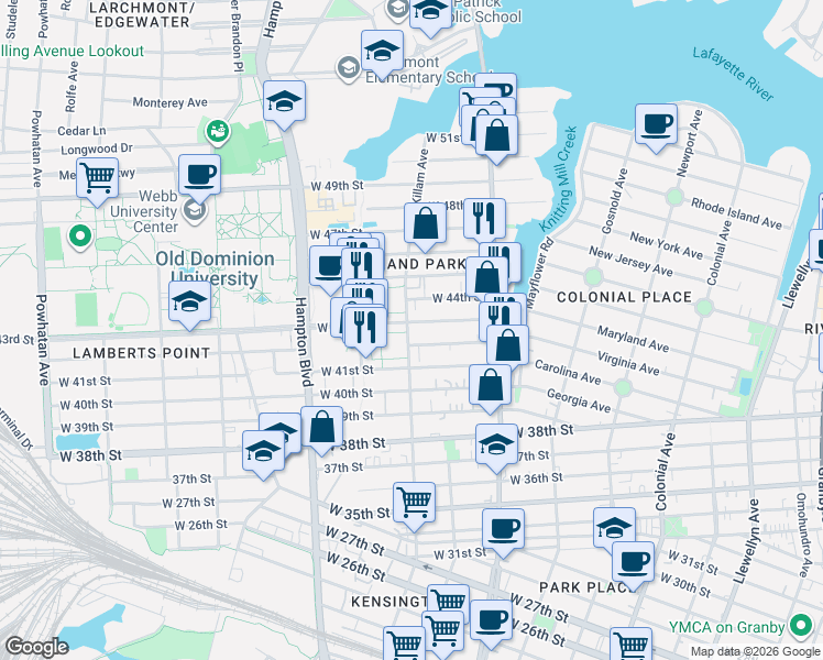 map of restaurants, bars, coffee shops, grocery stores, and more near 859 West 43rd Street in Norfolk