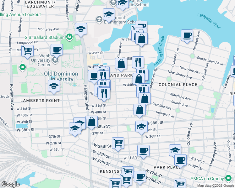 map of restaurants, bars, coffee shops, grocery stores, and more near 859 West 43rd Street in Norfolk