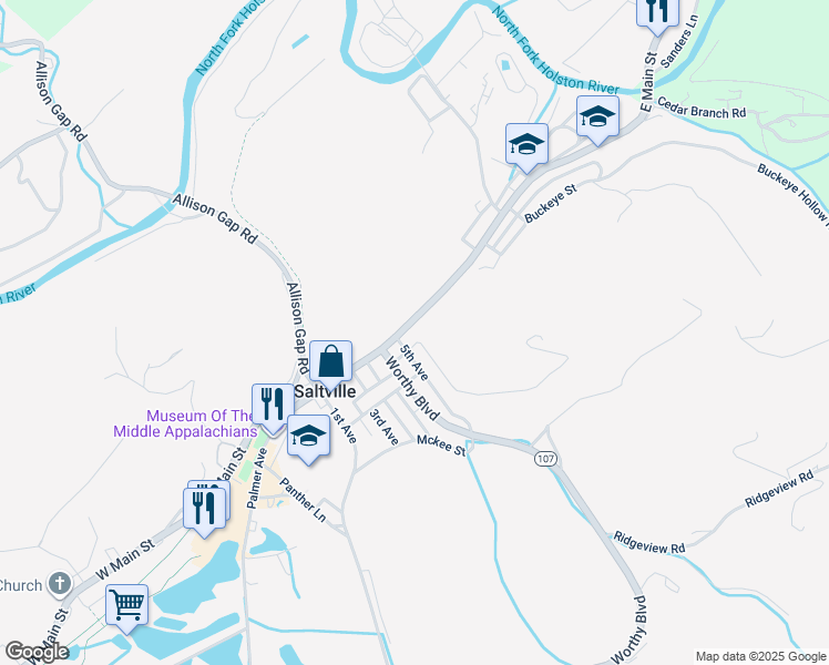 map of restaurants, bars, coffee shops, grocery stores, and more near 510 East Main Street in Saltville