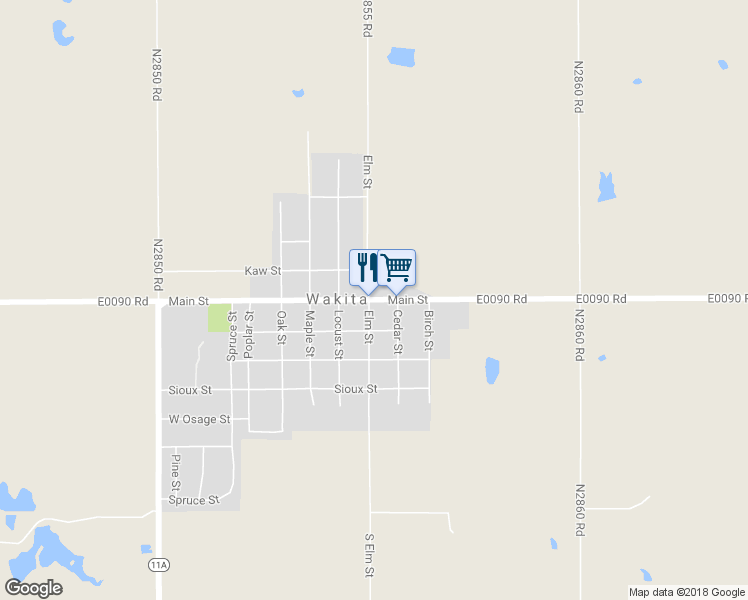 map of restaurants, bars, coffee shops, grocery stores, and more near 223 Main Street in Wakita