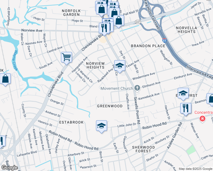 map of restaurants, bars, coffee shops, grocery stores, and more near 3462 Pamlico Circle in Norfolk