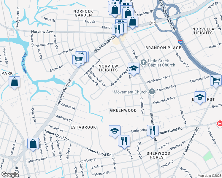 map of restaurants, bars, coffee shops, grocery stores, and more near 3414 Pamlico Circle in Norfolk