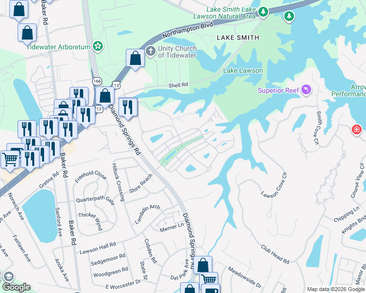 map of restaurants, bars, coffee shops, grocery stores, and more near 5449 Paperwhite Lane in Virginia Beach