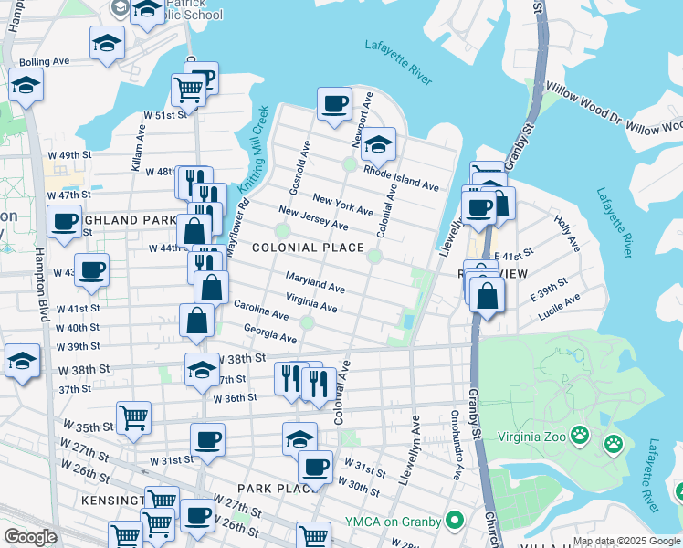 map of restaurants, bars, coffee shops, grocery stores, and more near 523 Pennsylvania Avenue in Norfolk