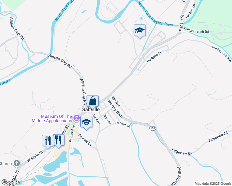 map of restaurants, bars, coffee shops, grocery stores, and more near 510 East Main Street in Saltville