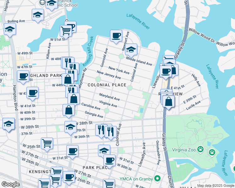 map of restaurants, bars, coffee shops, grocery stores, and more near 525 Pennsylvania Avenue in Norfolk