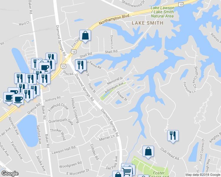map of restaurants, bars, coffee shops, grocery stores, and more near 3303 Arboretum Avenue in Virginia Beach