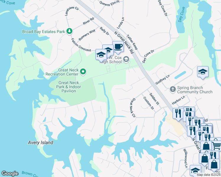 map of restaurants, bars, coffee shops, grocery stores, and more near 1500 Layden Cove Way in Virginia Beach