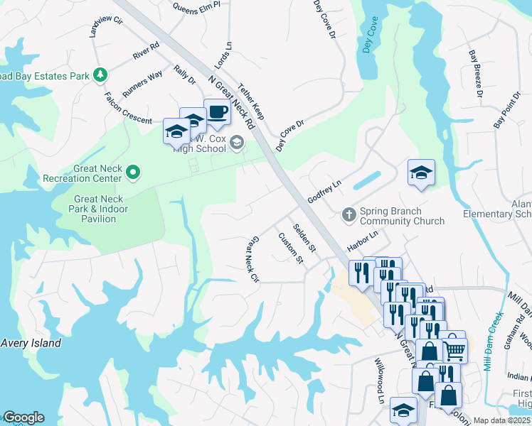 map of restaurants, bars, coffee shops, grocery stores, and more near 2312 Great Neck Circle in Virginia Beach
