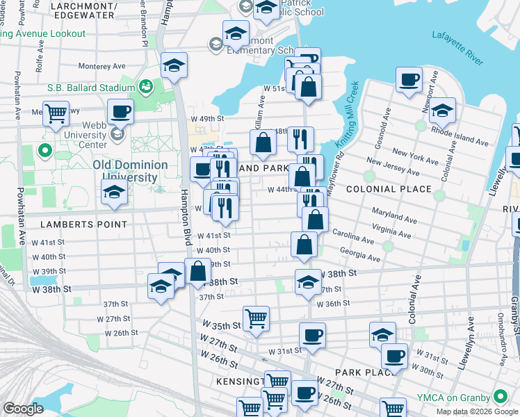 map of restaurants, bars, coffee shops, grocery stores, and more near 867 West 43rd Street in Norfolk