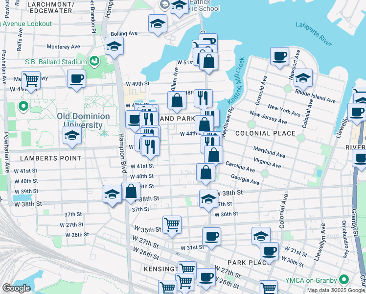 map of restaurants, bars, coffee shops, grocery stores, and more near 849 West 43rd Street in Norfolk