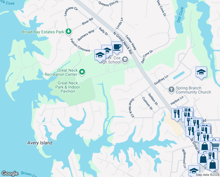 map of restaurants, bars, coffee shops, grocery stores, and more near 1500 Layden Cove Way in Virginia Beach