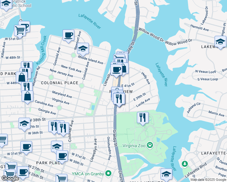 map of restaurants, bars, coffee shops, grocery stores, and more near 4008 Omohundro Ave in Norfolk