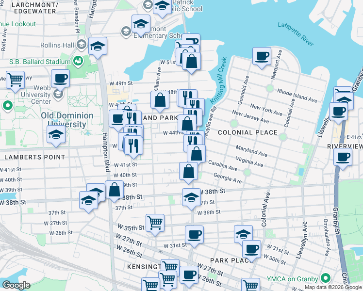 map of restaurants, bars, coffee shops, grocery stores, and more near 819 West 43rd Street in Norfolk