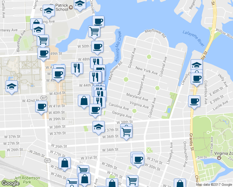 map of restaurants, bars, coffee shops, grocery stores, and more near 715 Maryland Avenue in Norfolk