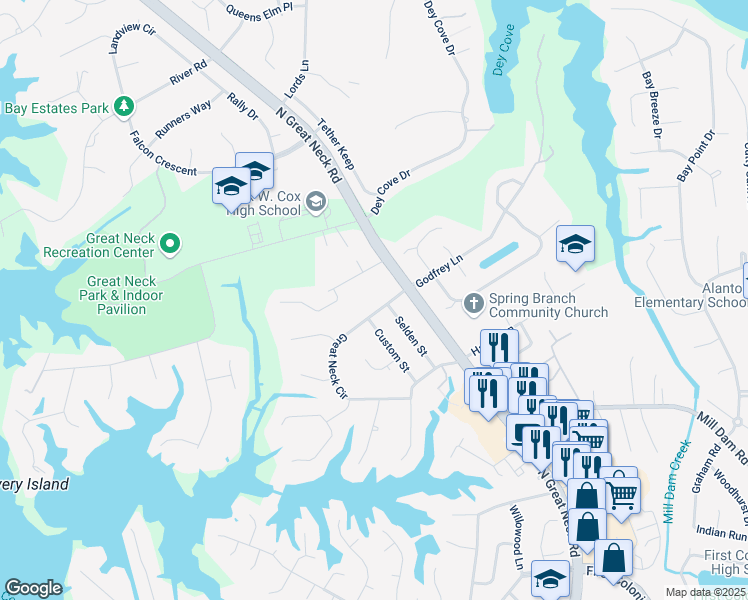 map of restaurants, bars, coffee shops, grocery stores, and more near 2312 Great Neck Circle in Virginia Beach