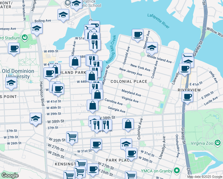 map of restaurants, bars, coffee shops, grocery stores, and more near 715 Maryland Avenue in Norfolk