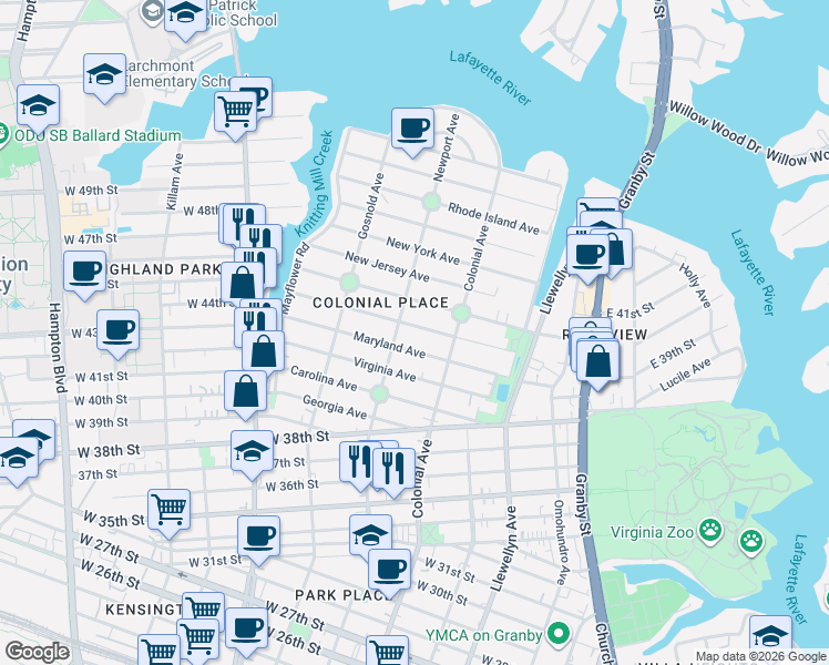 map of restaurants, bars, coffee shops, grocery stores, and more near 525 Pennsylvania Avenue in Norfolk