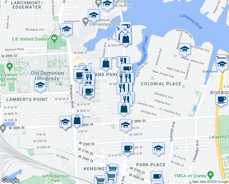map of restaurants, bars, coffee shops, grocery stores, and more near 835 West 43rd Street in Norfolk