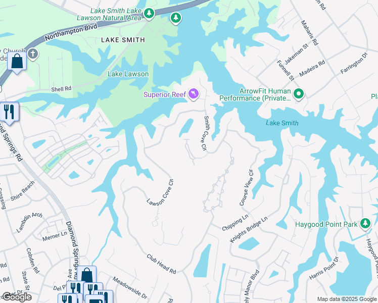 map of restaurants, bars, coffee shops, grocery stores, and more near 1269 Foursome Lane in Virginia Beach