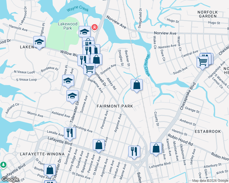 map of restaurants, bars, coffee shops, grocery stores, and more near 2206 Cromwell Drive in Norfolk