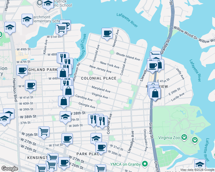 map of restaurants, bars, coffee shops, grocery stores, and more near 525 Pennsylvania Avenue in Norfolk