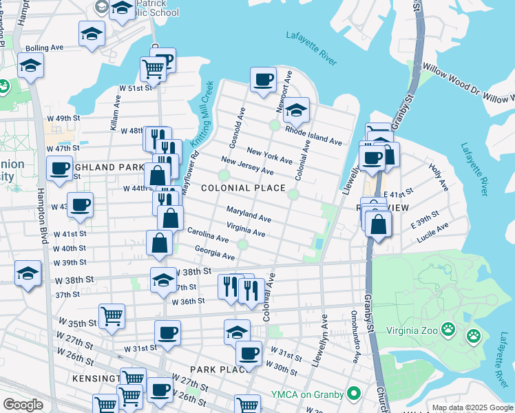map of restaurants, bars, coffee shops, grocery stores, and more near 525 Pennsylvania Avenue in Norfolk