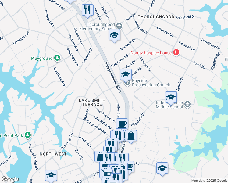 map of restaurants, bars, coffee shops, grocery stores, and more near 1302 Ewell Road in Virginia Beach