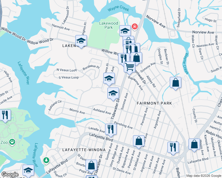 map of restaurants, bars, coffee shops, grocery stores, and more near 1701 Alsace Avenue in Norfolk