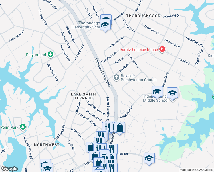 map of restaurants, bars, coffee shops, grocery stores, and more near 1365 Independence Boulevard in Virginia Beach