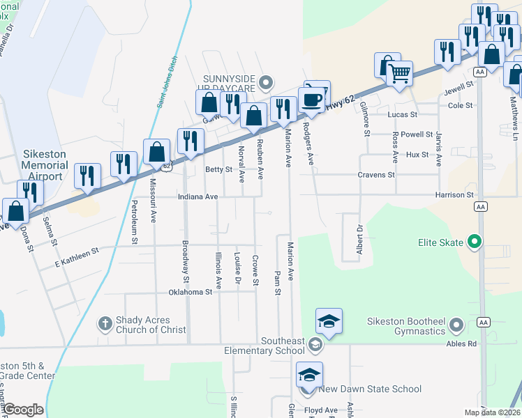 map of restaurants, bars, coffee shops, grocery stores, and more near 104 Comstock Street in Sikeston