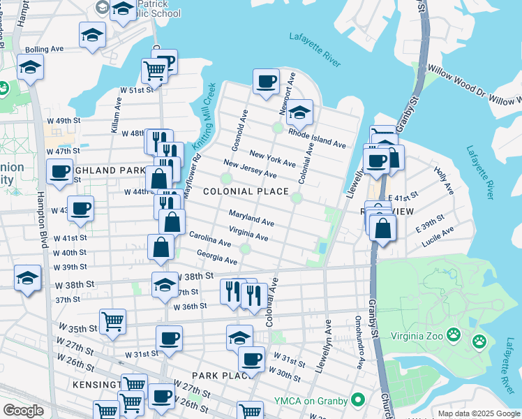 map of restaurants, bars, coffee shops, grocery stores, and more near 525 Pennsylvania Avenue in Norfolk