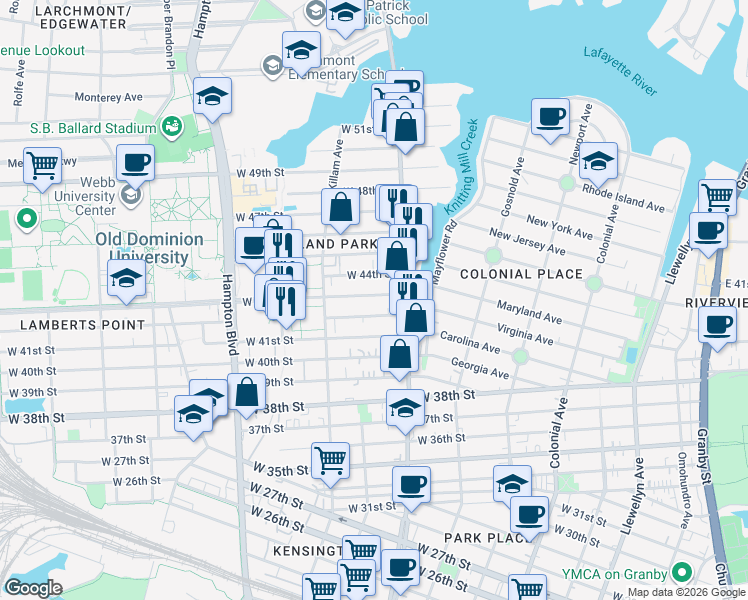 map of restaurants, bars, coffee shops, grocery stores, and more near 825 West 43rd Street in Norfolk