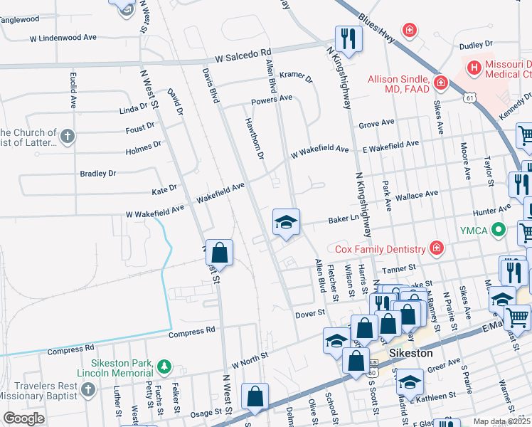 map of restaurants, bars, coffee shops, grocery stores, and more near 712 Davis Boulevard in Sikeston