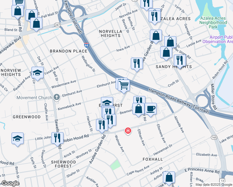 map of restaurants, bars, coffee shops, grocery stores, and more near 5225 Kennebeck Avenue in Norfolk