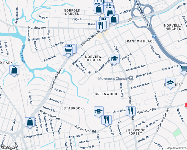 map of restaurants, bars, coffee shops, grocery stores, and more near 4581 Bankhead Avenue in Norfolk