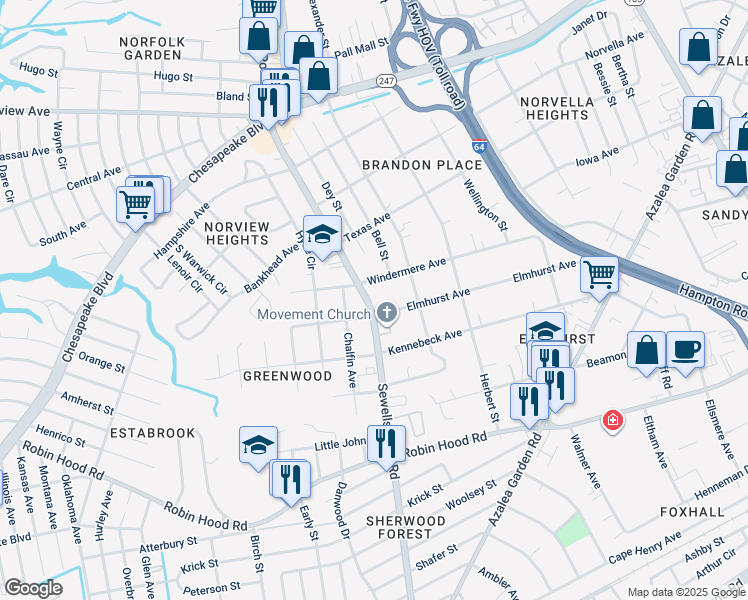 map of restaurants, bars, coffee shops, grocery stores, and more near 3314 Sewells Point Road in Norfolk
