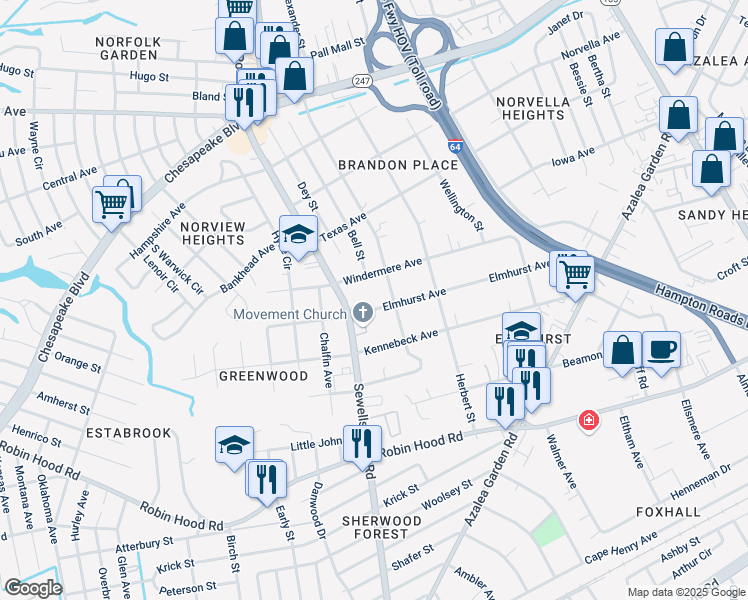 map of restaurants, bars, coffee shops, grocery stores, and more near 4828 Elmhurst Ave in Norfolk